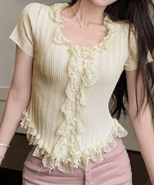 レースフリルニットトップスショート丈夏服 サマーニットレディース ラッフルレースニットソー 甘めコーデ お洒落 コンパクト タイトニット 半袖ニットTシャツ韓国風 6SENZHU-001